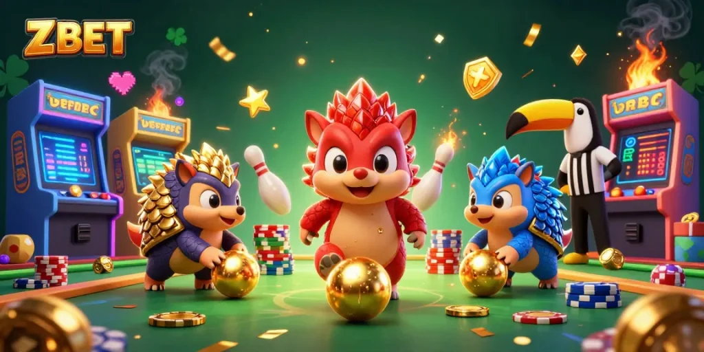 ZBET pangolins rolling golden balls through poker chips in a vibrant casino scene.