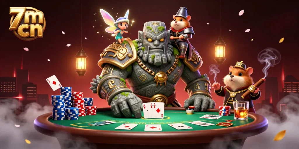 Engage in 7m cn gaming excitement with a magical scene featuring a golem, fairy, and hamster knight at a vibrant poker table.