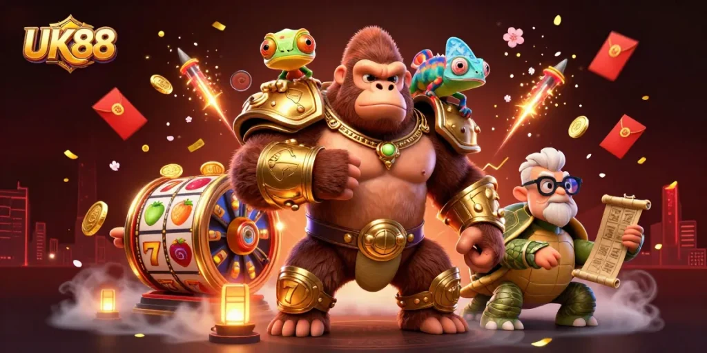 Experience UK88 with a vibrant 3D casino scene featuring a powerful gorilla king and exciting slot action.