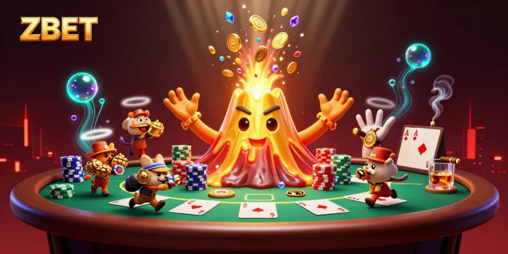 ZBET players celebrate wins around a golden volcano erupting with treasures while enjoying poker.