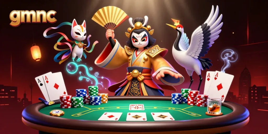 Engage in dynamic poker play featuring gmnc characters with elaborate traditional design and vibrant casino elements.