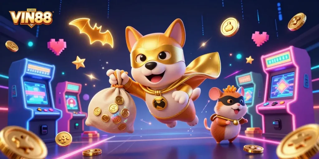 Join the adventure with VIN88 as the superhero dog and hamster fly through a vibrant casino-themed world!