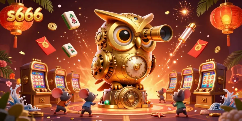Experience thrilling wins at s666 casino with a golden owl overseeing exciting slot machines.