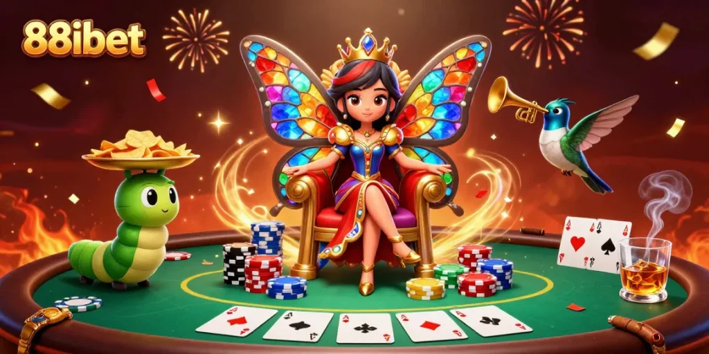 Engage with 88ibet gaming excitement featuring a vibrant 3D butterfly queen and colorful casino elements.