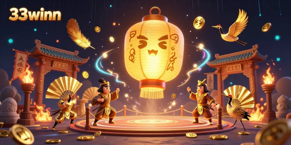 Engage with the vibrant 33winn online casino, showcasing a magical night market with lantern spirit and warriors.