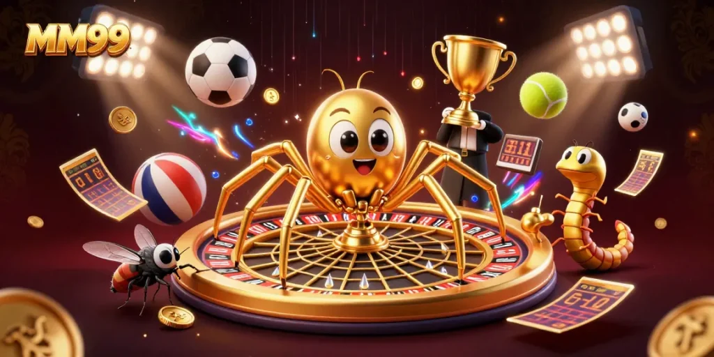 Place bets with MM99 in an exciting casino scene featuring dynamic sports elements.
