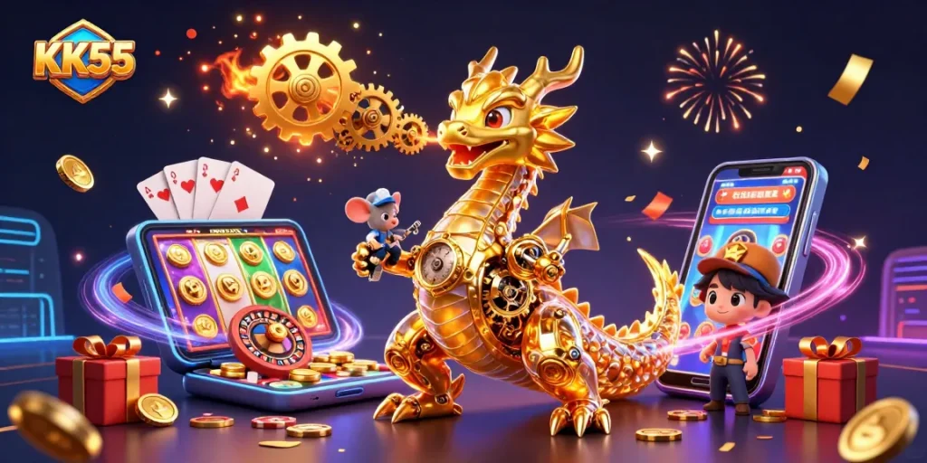 Experience thrilling wins with KK55's vibrant online casino adventure featuring gaming elements and rich details.
