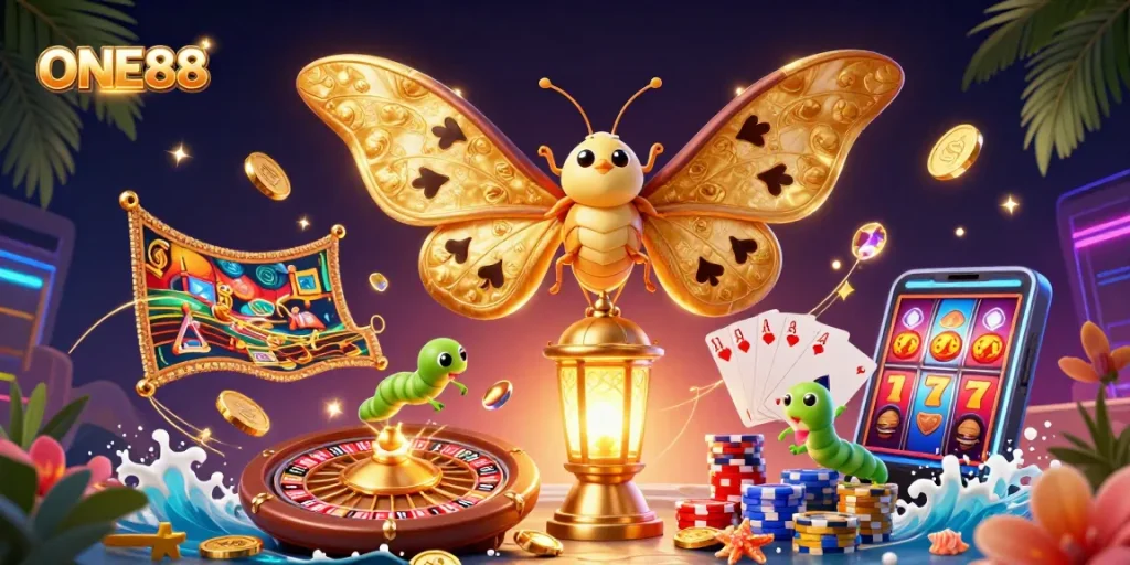 Experience the excitement of ONE88 with a dynamic casino scene featuring vibrant characters and golden treasures.