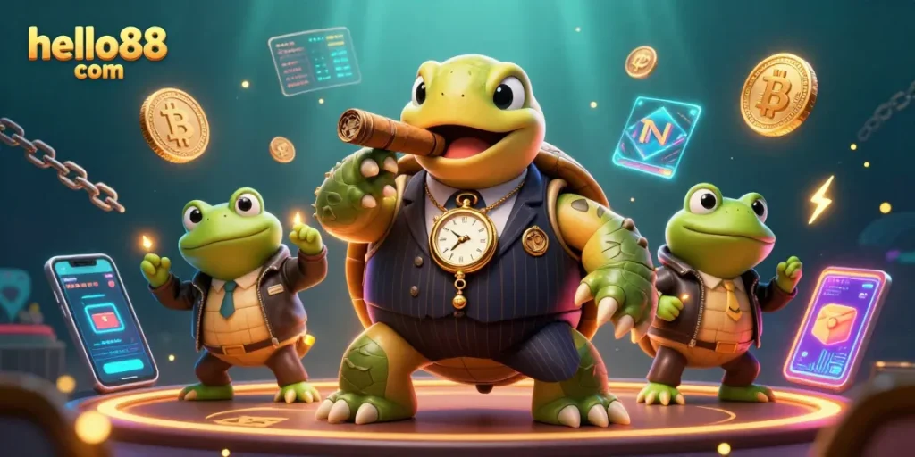 Engage with hello88 com's vibrant casino scene featuring crypto coins and cartoon characters.