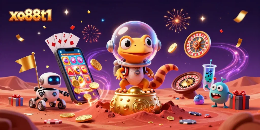 Engage in the fun gambling universe of xo88t1 with a vibrant 3D Martian gecko celebrating a casino discovery.