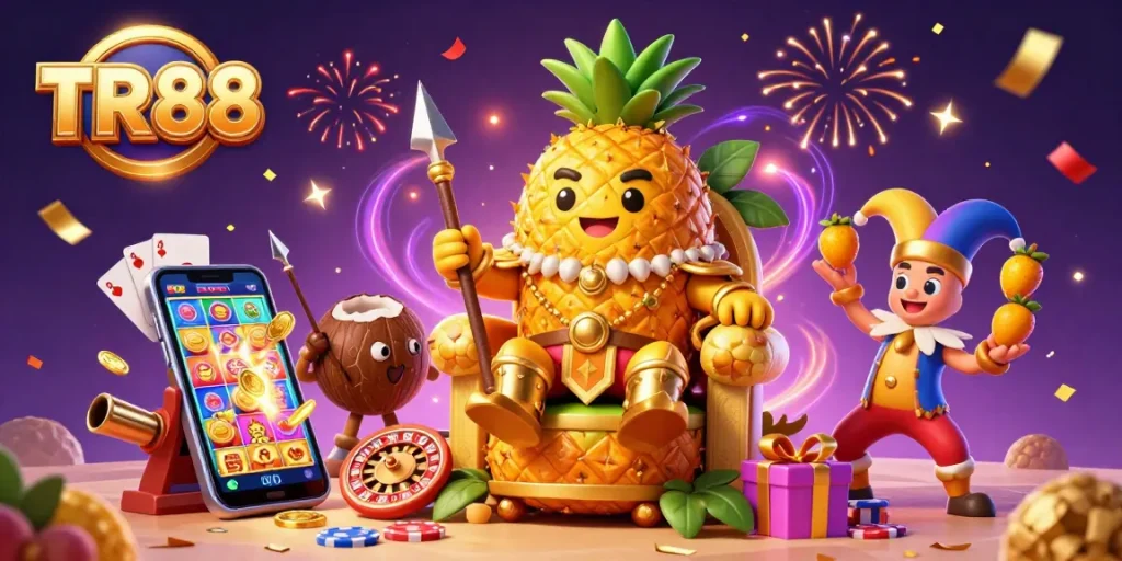 Engage with exciting slot games and casino fun at TR88, featuring a vibrant casino scene packed with characters and action.