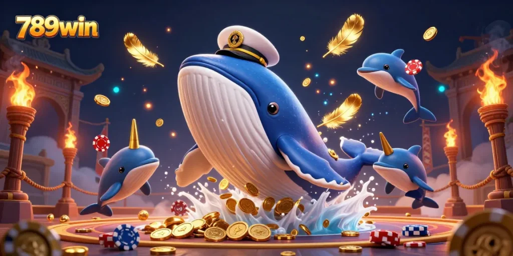 Experience the thrill of 789win as a captivating whale breaches through coins, embodying online gambling excitement.