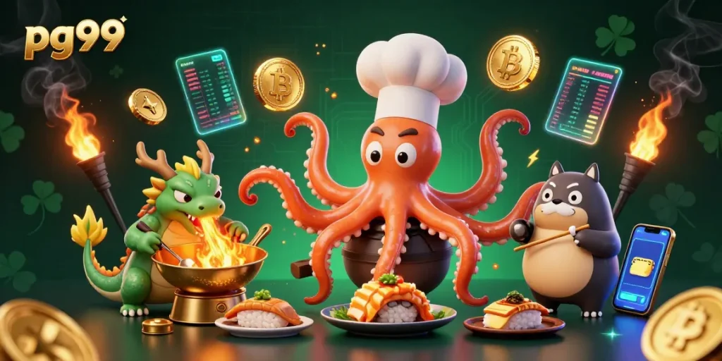Experience the excitement of pg99 with a vibrant 3D scene of an octopus chef preparing dishes surrounded by crypto symbols.