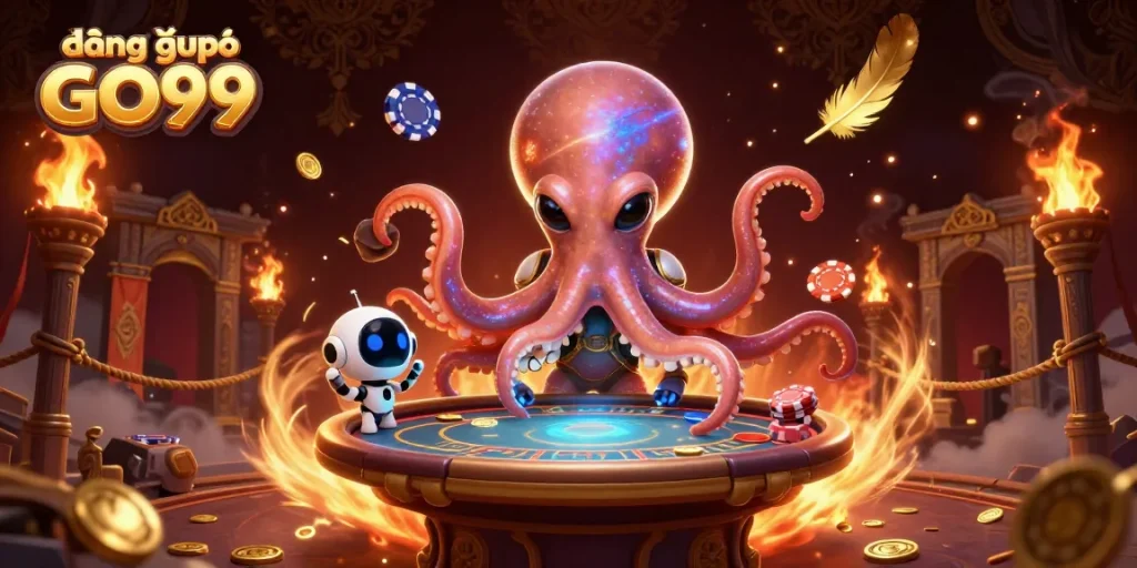 Engage with đăng nhập GO99 at a thrilling cosmic poker game featuring an alien octopus, robot, and vibrant elements.