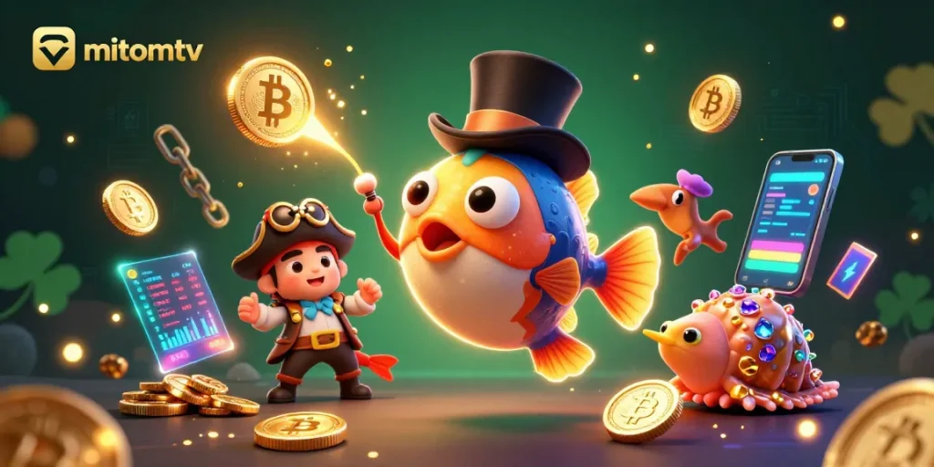 Engage with mitomtv's exciting 3D cartoon scene featuring characters pulling in golden coins, showcasing the thrill of online gaming.