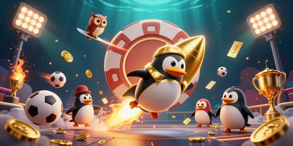 Bet on f8bet with a golden penguin and sports elements in a vibrant casino galaxy.