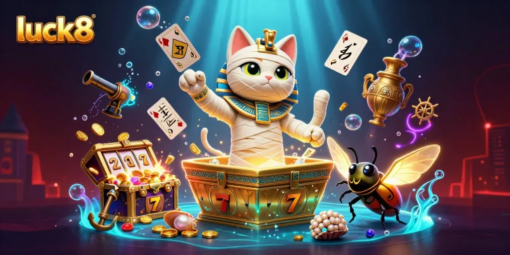 Play exciting games at luck8 with an Egyptian theme, showcasing vibrant casino elements and captivating characters.