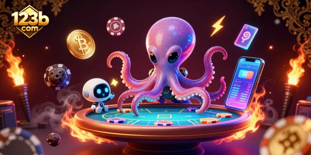 Engaging 123b com casino experience with an alien octopus eagerly playing holographic poker.
