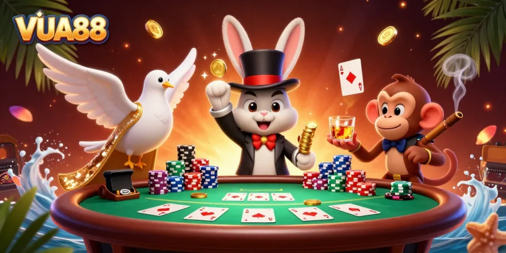 VUA88 magician rabbit showcasing magical coins and poker elements in a vibrant casino scene.