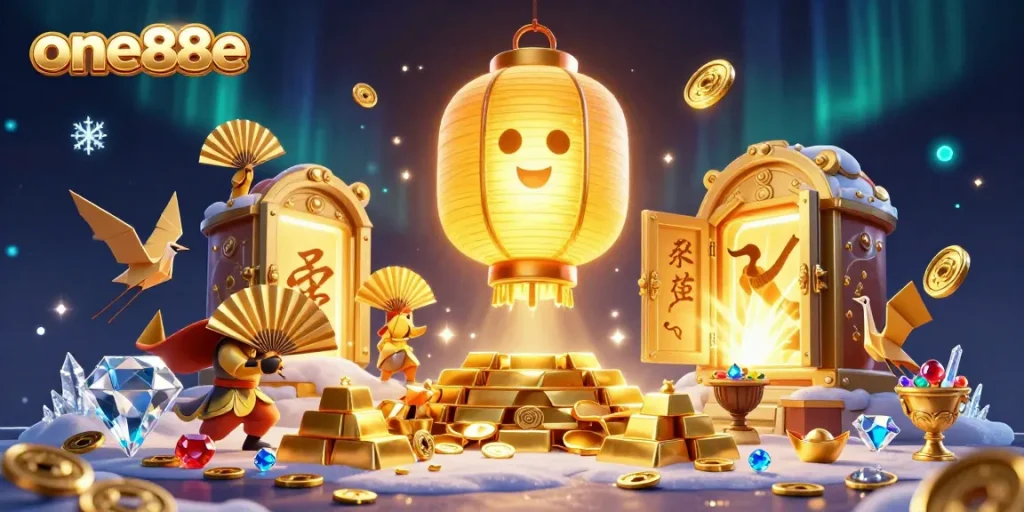 Engage with one88e's vibrant casino universe featuring a glowing lantern spirit and treasure vaults.