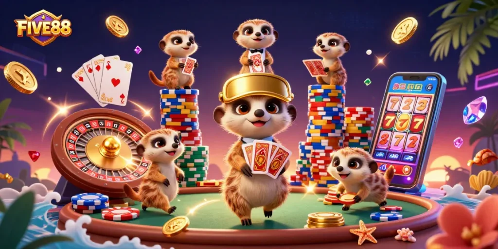 Join the excitement at FIVE88 Casino with playful meerkats managing a thrilling gaming operation.