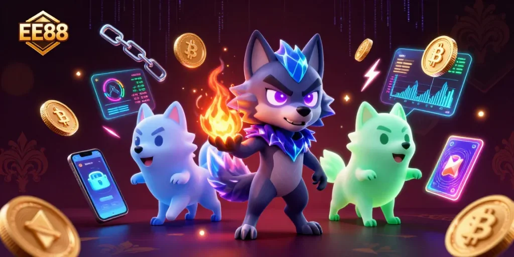 Join the excitement of EE88 with a captivating 3D illustration of a spectral wolf pack amidst cryptocurrency elements.