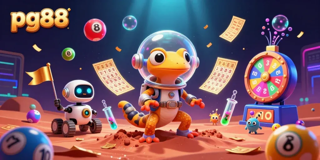 Experience the excitement with pg88's vibrant casino animation featuring a Martian gecko and lottery elements.