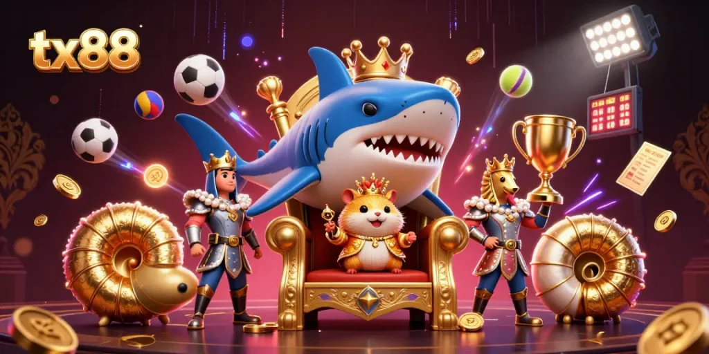 tx88 Casino Throne: A fierce hamster king surrounded by sports elements and royal seahorses in a vibrant 3D scene.