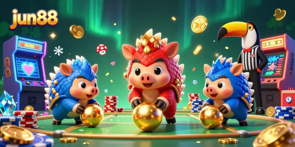 Experience thrilling gameplay at jun88 with a lively showdown between colorful pangolins rolling dice and chips.