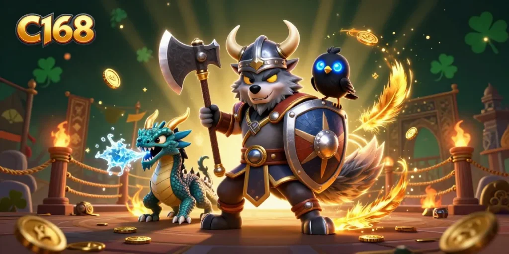 Experience thrilling gameplay at C168 with dynamic symbols and heroic characters in an epic scene.