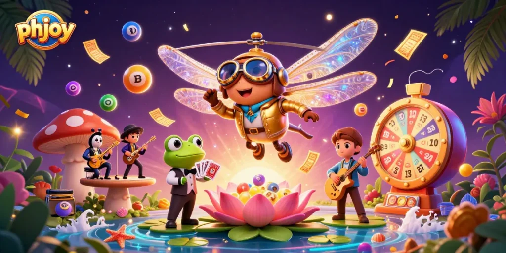 Experience the fun of phjoy's online gaming with vibrant 3D illustrations showcasing exciting casino action.