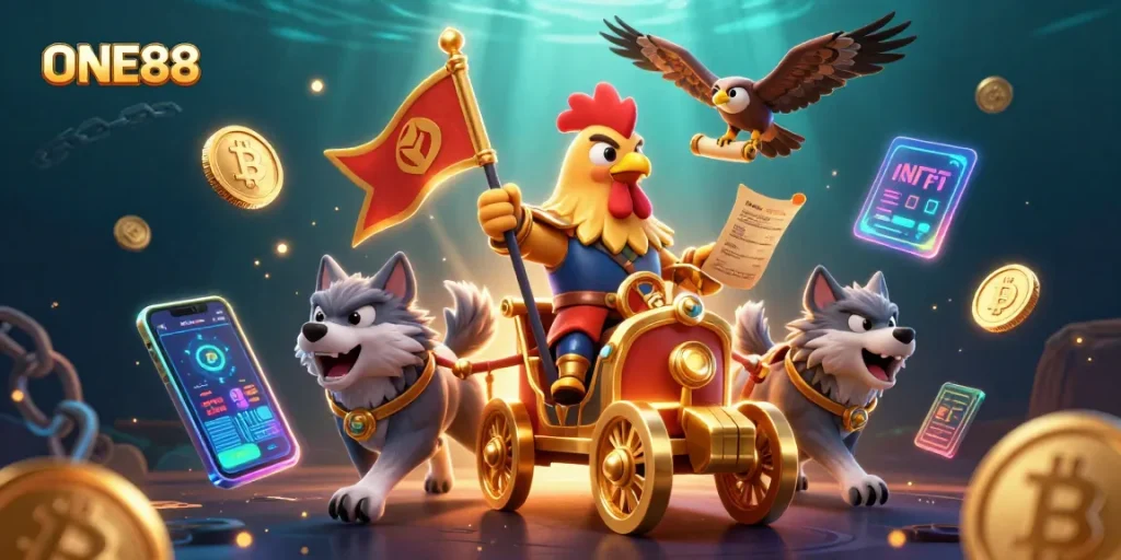 Experience the excitement of ONE88 through a dynamic 3D casino scene filled with cryptocurrency elements.