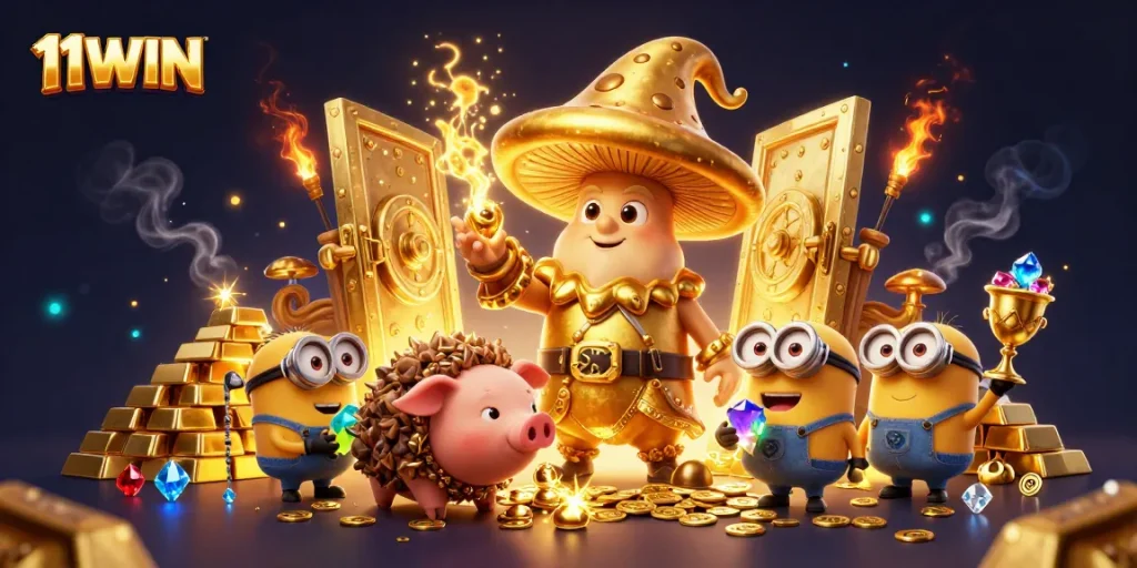 Engage with 11WIN's captivating scene featuring treasure-filled magic and vibrant gaming elements.