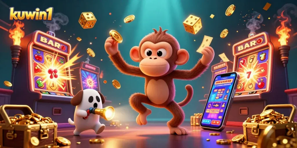 Kuwin1 showcases an energetic scene with a mischievous monkey juggling casino treasures while a ghost-hunter puppy tracks it.