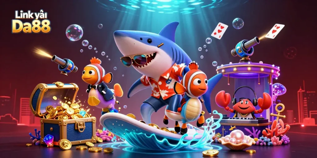 Surf on the wave of gold coins at Link vào Da88 with the shark, clownfish, and crab DJ in an exciting underwater casino scene.