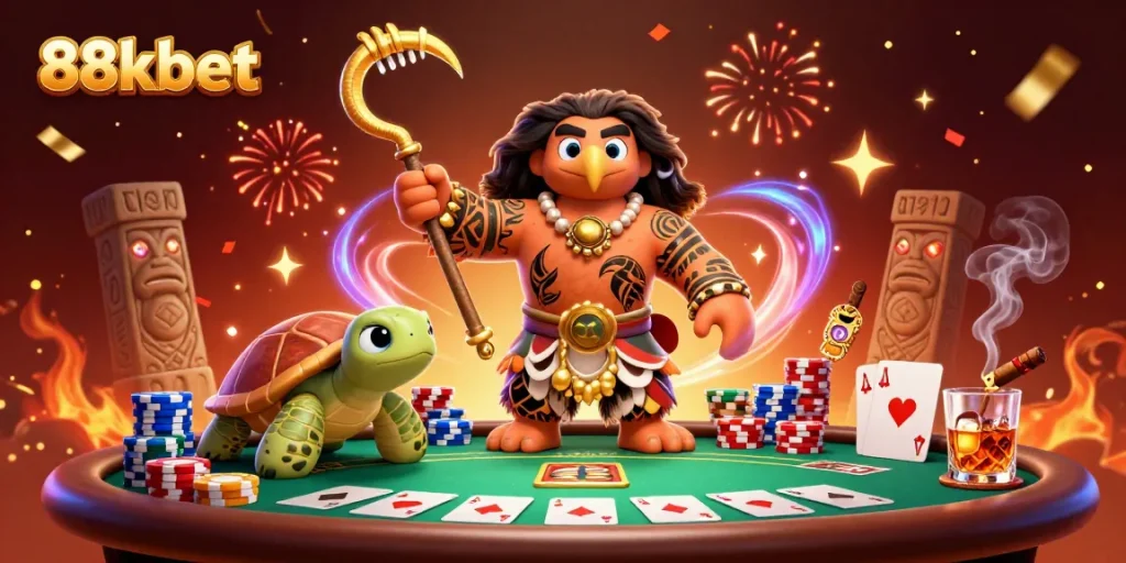 Experience thrilling moments at 88kbet with a colorful casino scene featuring engaging poker elements and vibrant characters.