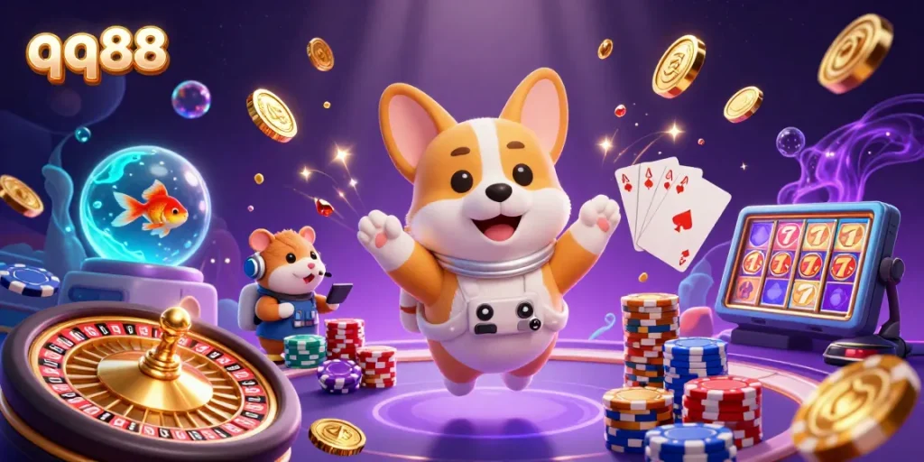 Spin the reels at qq88 with a floating corgi astronaut in a vibrant casino.