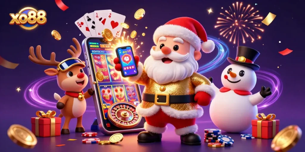 Experience the thrill at xo88 with Santa and friends celebrating jackpot wins in a vibrant casino scene.