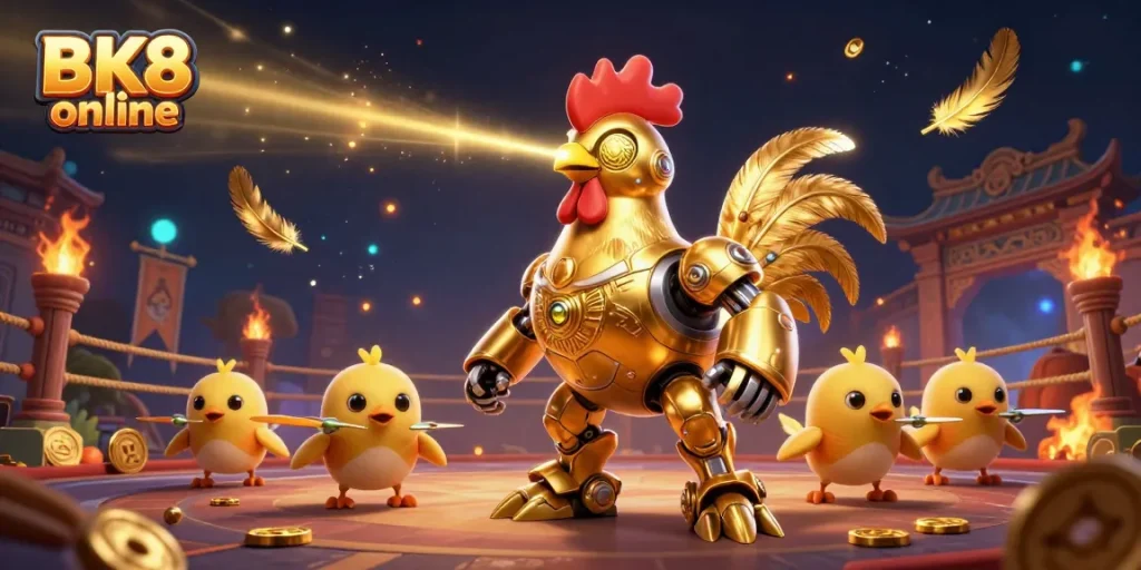 Engage in thrilling BK8 online action with a golden rooster robot and animated chick drones in a vibrant casino scene.
