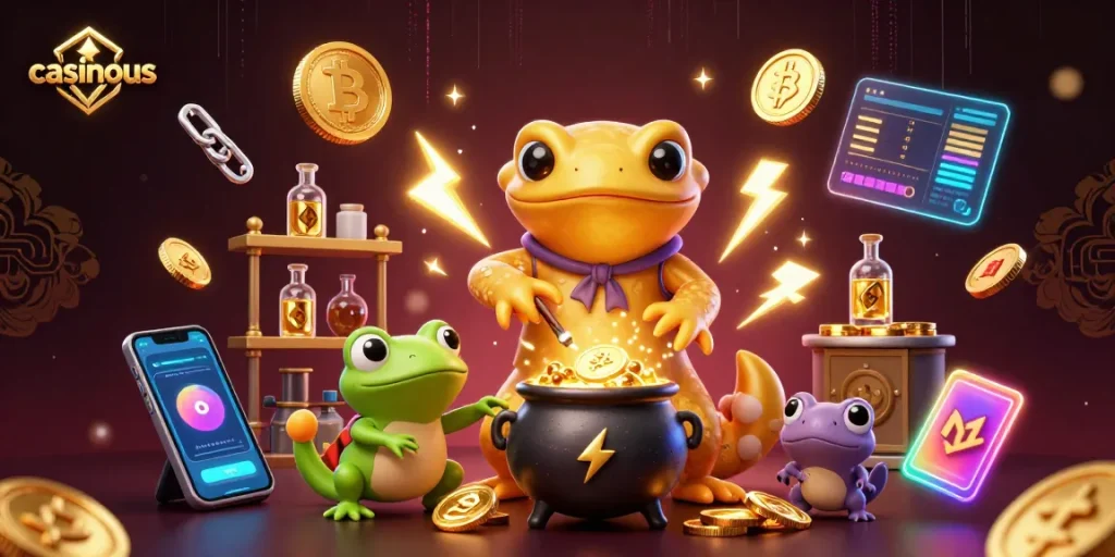 Experience thrilling winnings at casinous with a vibrant scene showcasing an alchemist creating gold amidst crypto elements.