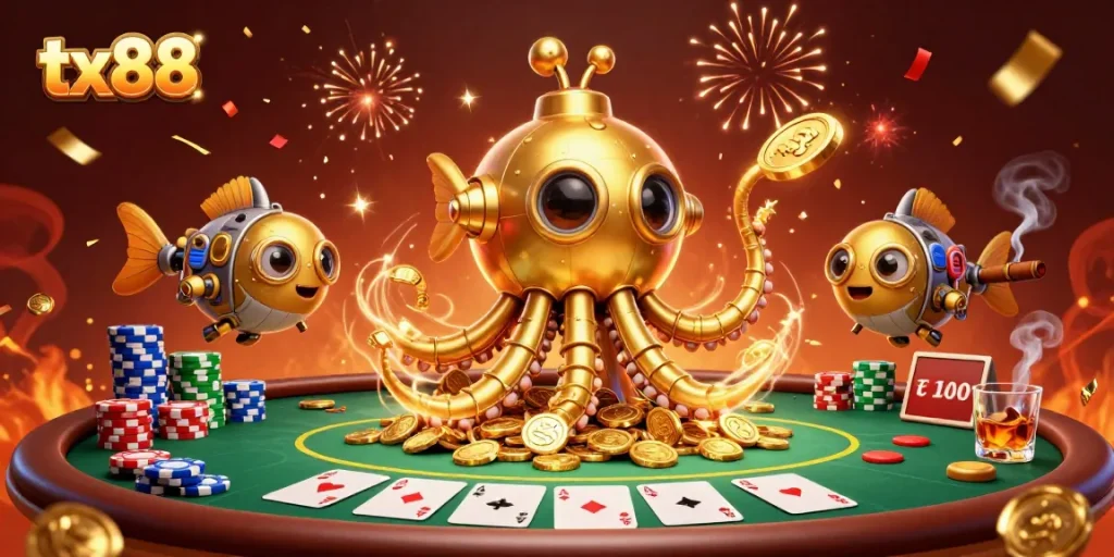 Experience the thrill of tx88 as the kraken submarine dives through golden coins at a vibrant poker game.