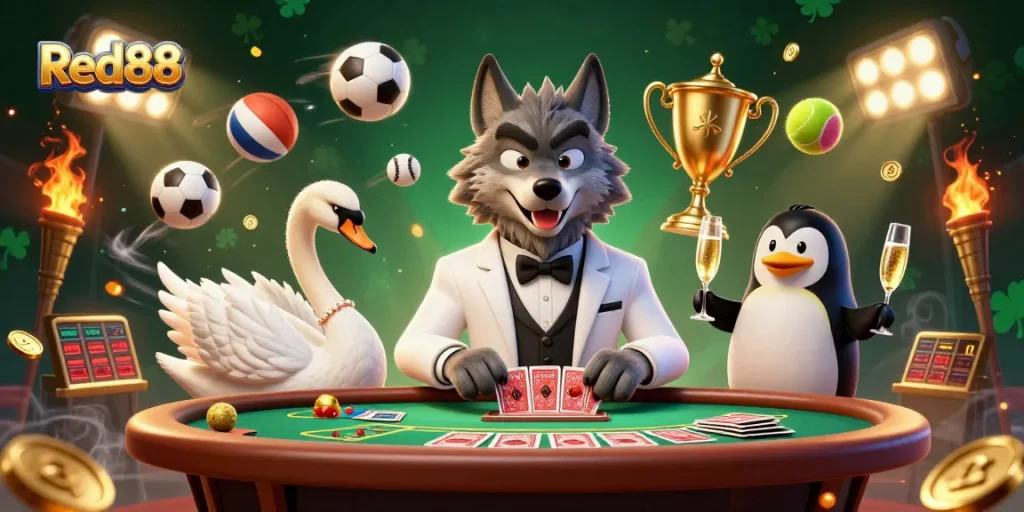 Experience thrilling gameplay at Red88 with a dazzling baccarat scene featuring glamorous characters and dynamic sports elements.