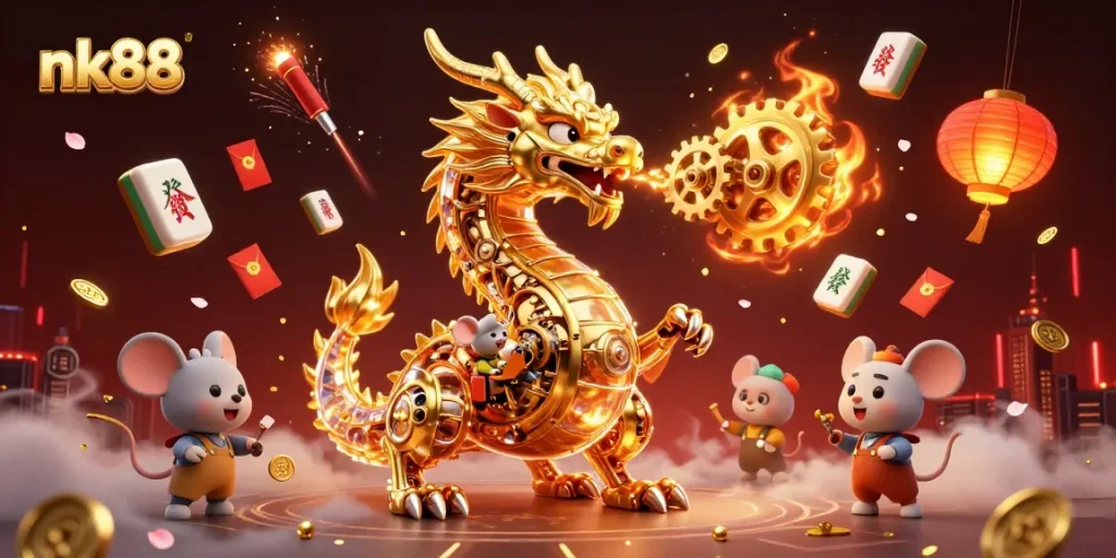Engage with nk88's thrilling gaming experience featuring a golden dragon and vibrant casino elements.