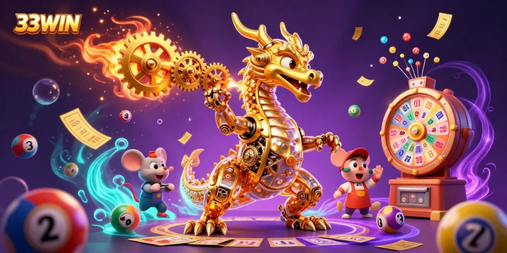 Experience exciting gameplay at 33WIN with golden dragon and dynamic lottery elements in a vibrant casino scene.