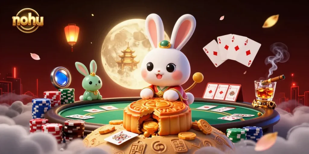 Engage with nohu's exhilarating poker scene featuring a moon rabbit surrounded by vibrant casino elements.