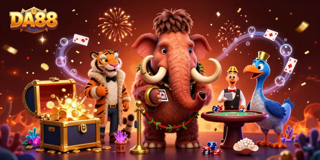 Engage in thrilling gameplay at DA88 with a vibrant 3D casino scene featuring exciting characters.