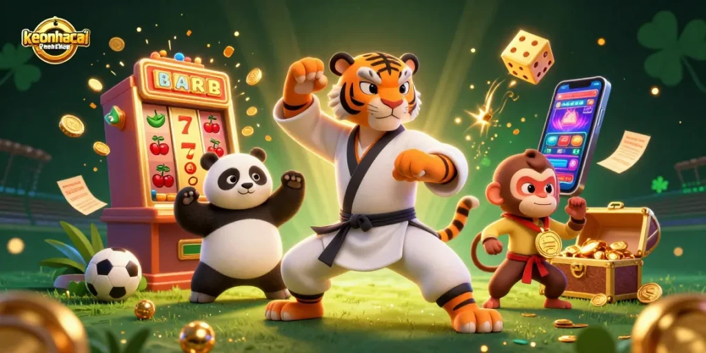 Engaging scene depicting keonhacai where a kung fu tiger connects with fans through sports betting excitement.