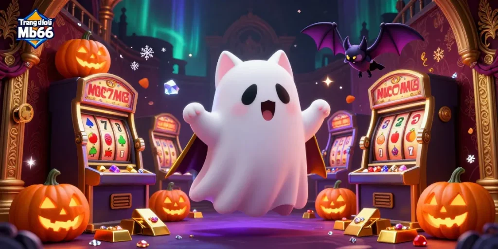 Experience thrilling wins at Trang chủ Mb66 with an animated scene of a friendly ghost cat and casino treasures.