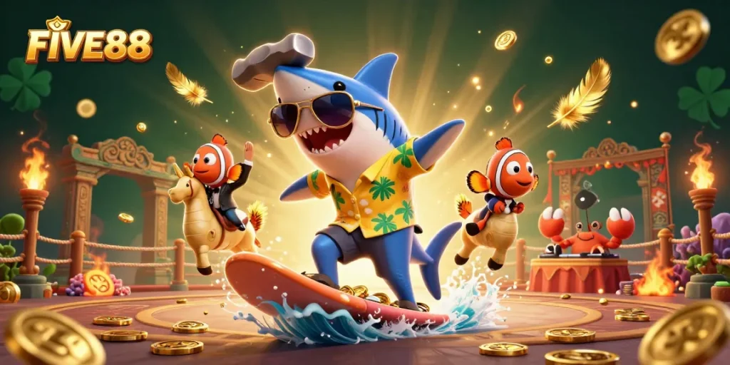 Experience the thrill of FIVE88 as a shark surfs on gold coins amidst a vibrant casino scene.