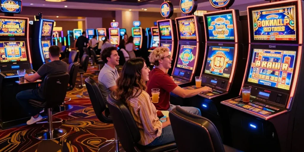 Friends enjoying slot games with excitement in a lively casino